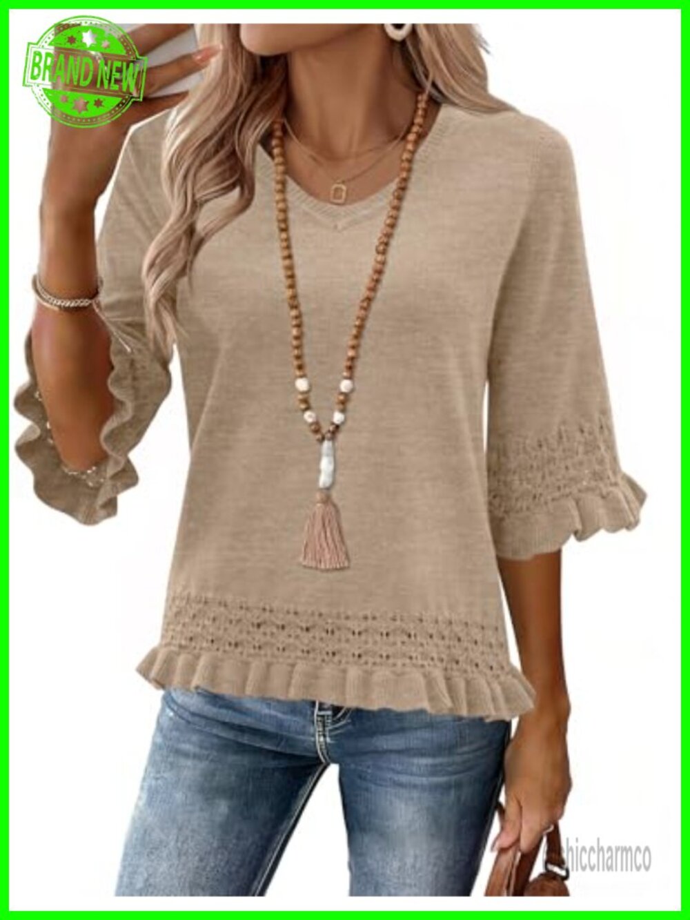 Womens V Neck Peplum Sweater 3/4 Sleeve Pullover Top